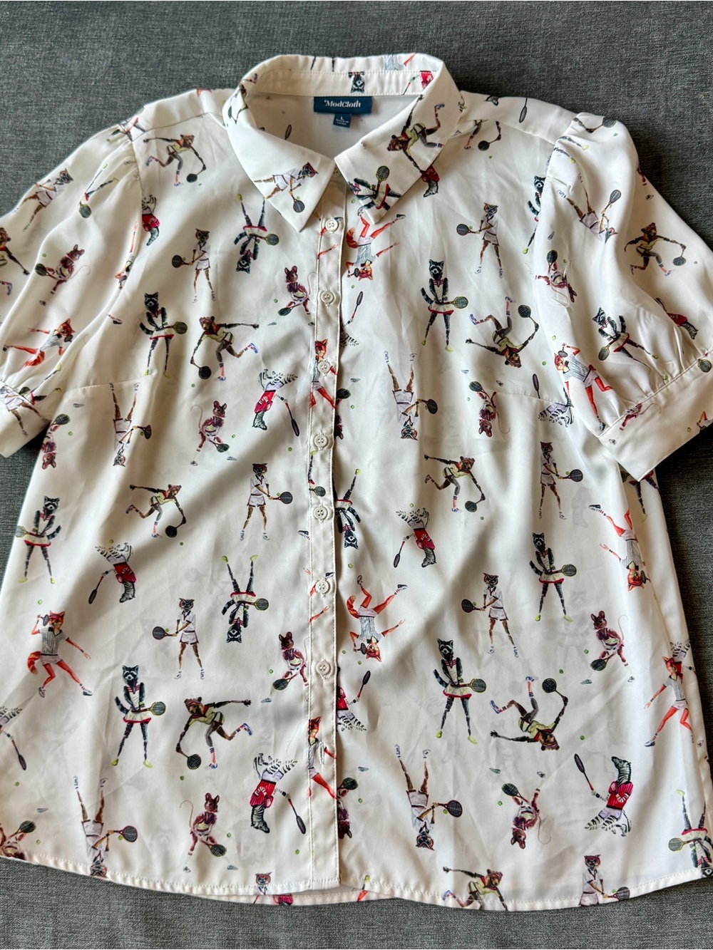 Modcloth Short-Sleeve Button-Up Shirt with Colorful Animals Playing Tennis